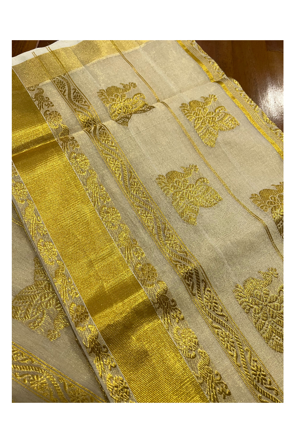 Southloom Premium Handloom Tissue Heavy Work Saree with Woven Peacock Motifs Design