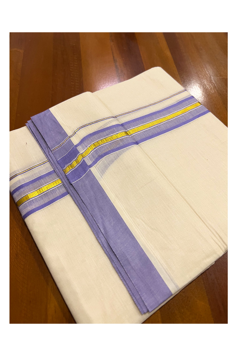 Off White Kerala Double Mundu with Kasavu and Violet Border (South Indian Dhoti)