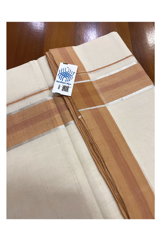 Southloom Premium Unakkupaavu Handloom Mundu with Silver Kasavu and Orange Border (South Indian Dhoti)