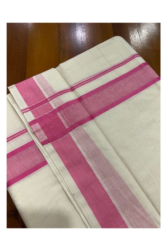 Off White Pure Cotton Double Mundu with Pink Border (South Indian Kerala Dhoti)