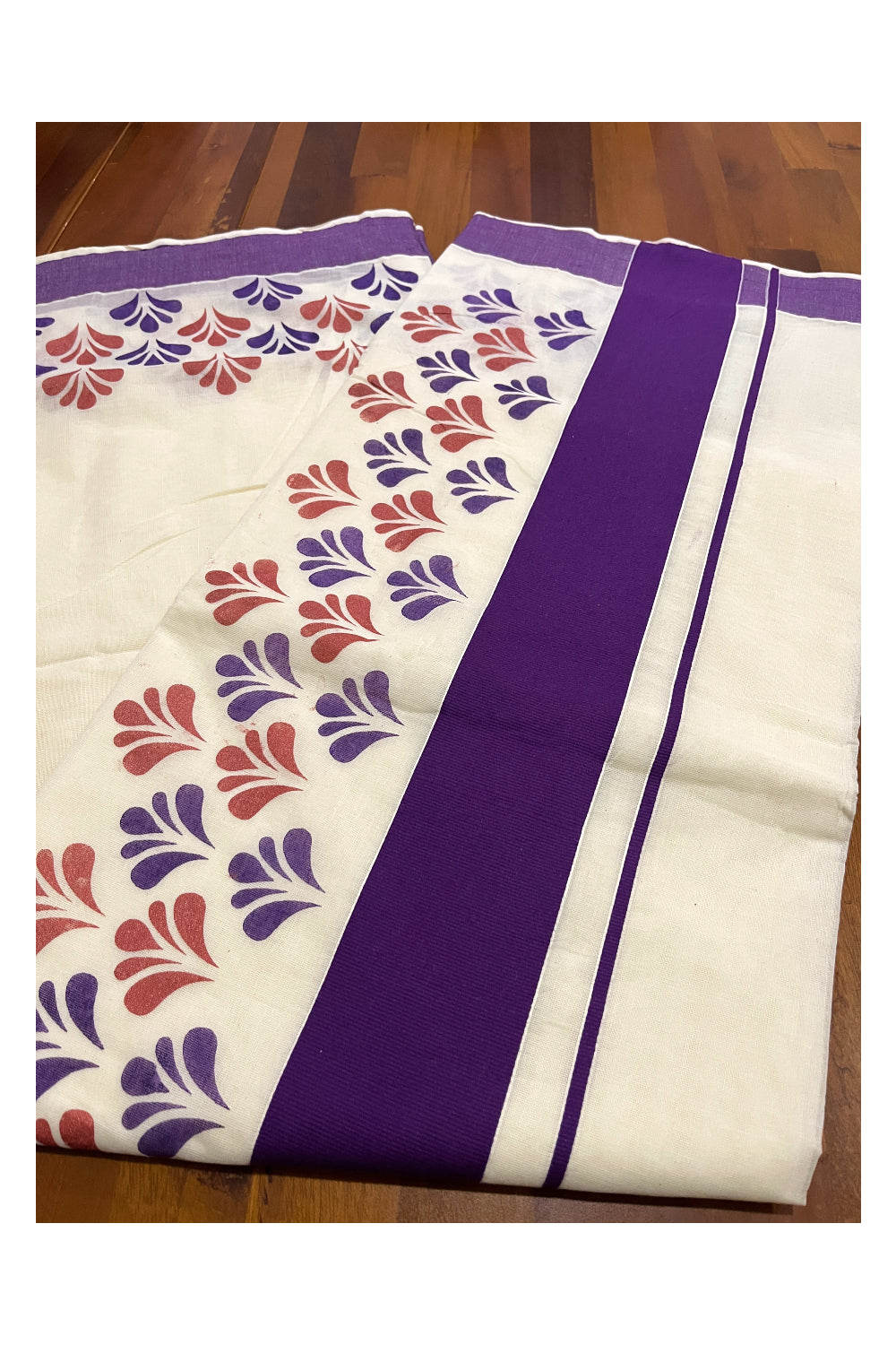 Pure Cotton Off White Kerala Saree with Violet and Red Block Prints in Violet Border