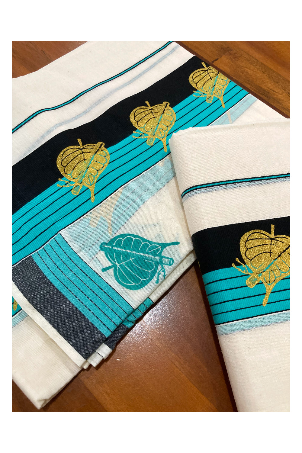 Cotton Set Mundu (Mundum Neriyathum) with Golden Block Prints on Turquoise and Black Border