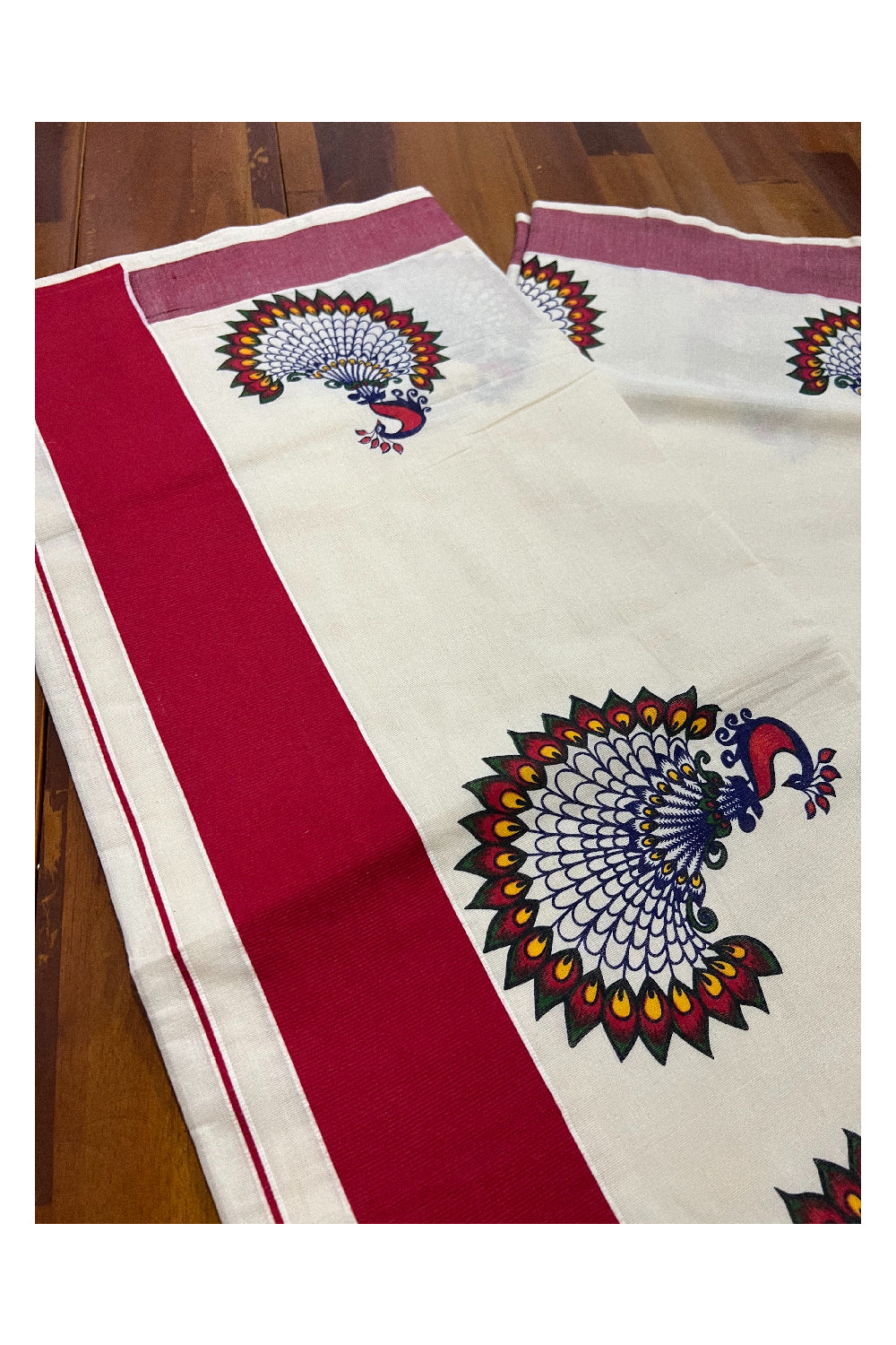 Kerala Pure Cotton Saree with Mural Printed Peacock Design and Dark Red Border