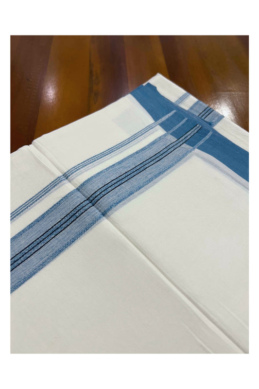 Pure White Cotton Mundu with Teal Blue Kara (South Indian Dhoti)