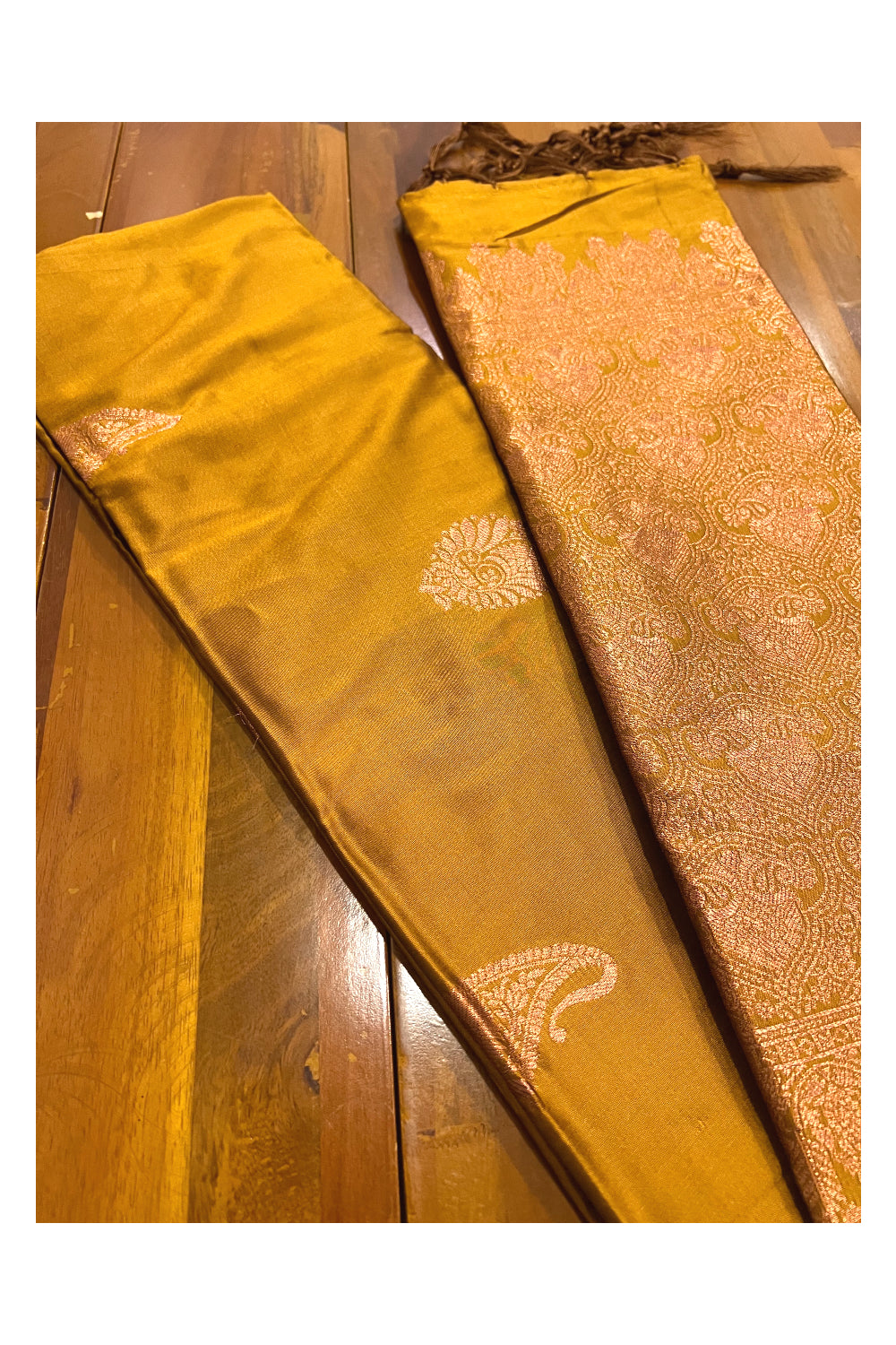 Southloom Golden Yellow Semi Silk Designer Saree with Copper Kasavu Woven Works on Body