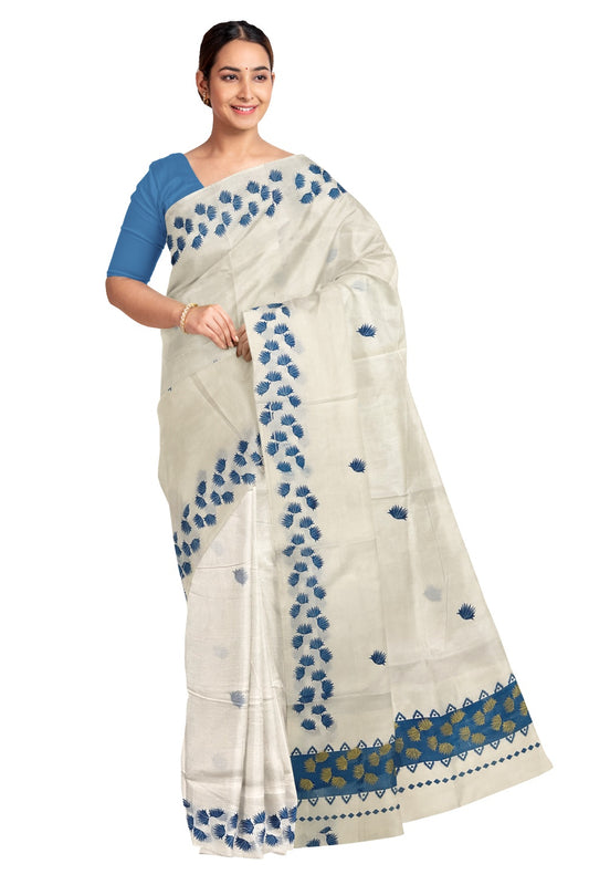 Pure Cotton Kerala Saree with Blue Floral Block Printed Border and Pallu (Vishu Saree 2023)