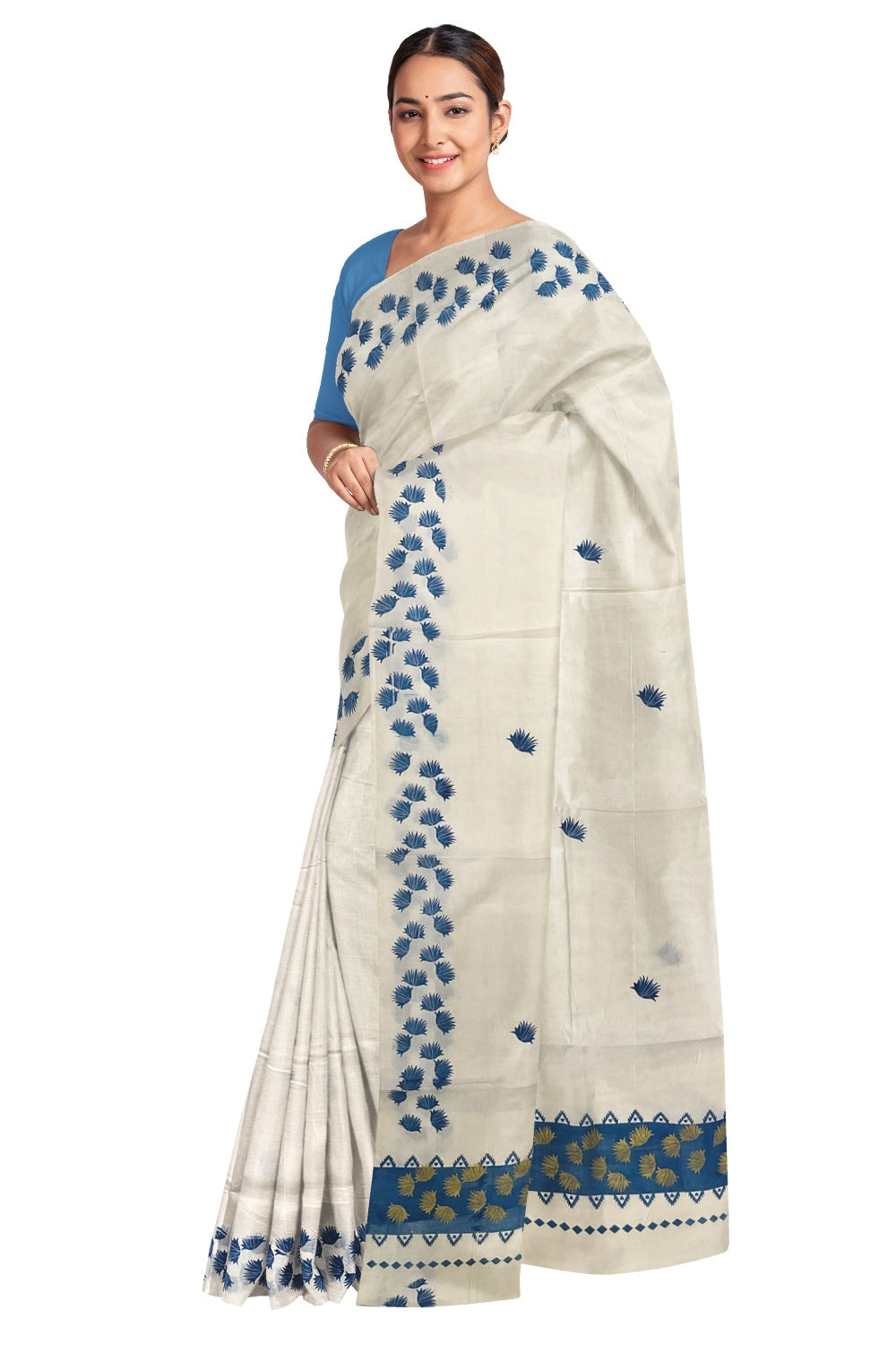 Pure Cotton Kerala Saree with Blue Floral Block Printed Border and Pallu (Vishu Saree 2023)