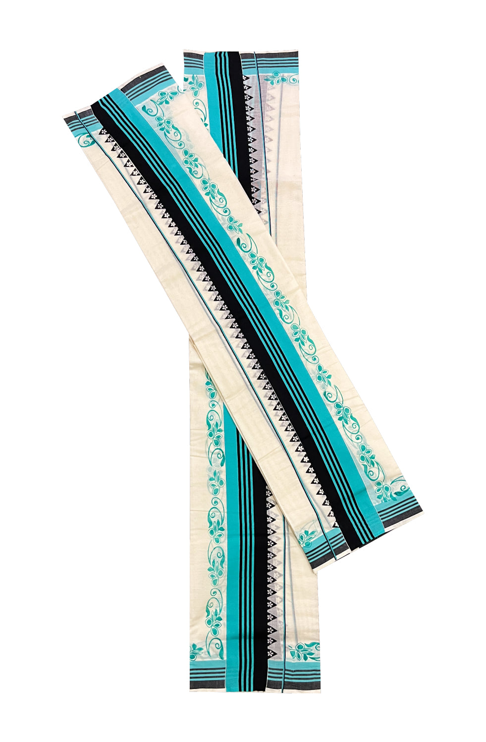 Kerala Cotton Set Mundu (Mundum Neriyathum) with Floral Prints on Turquoise Black Border