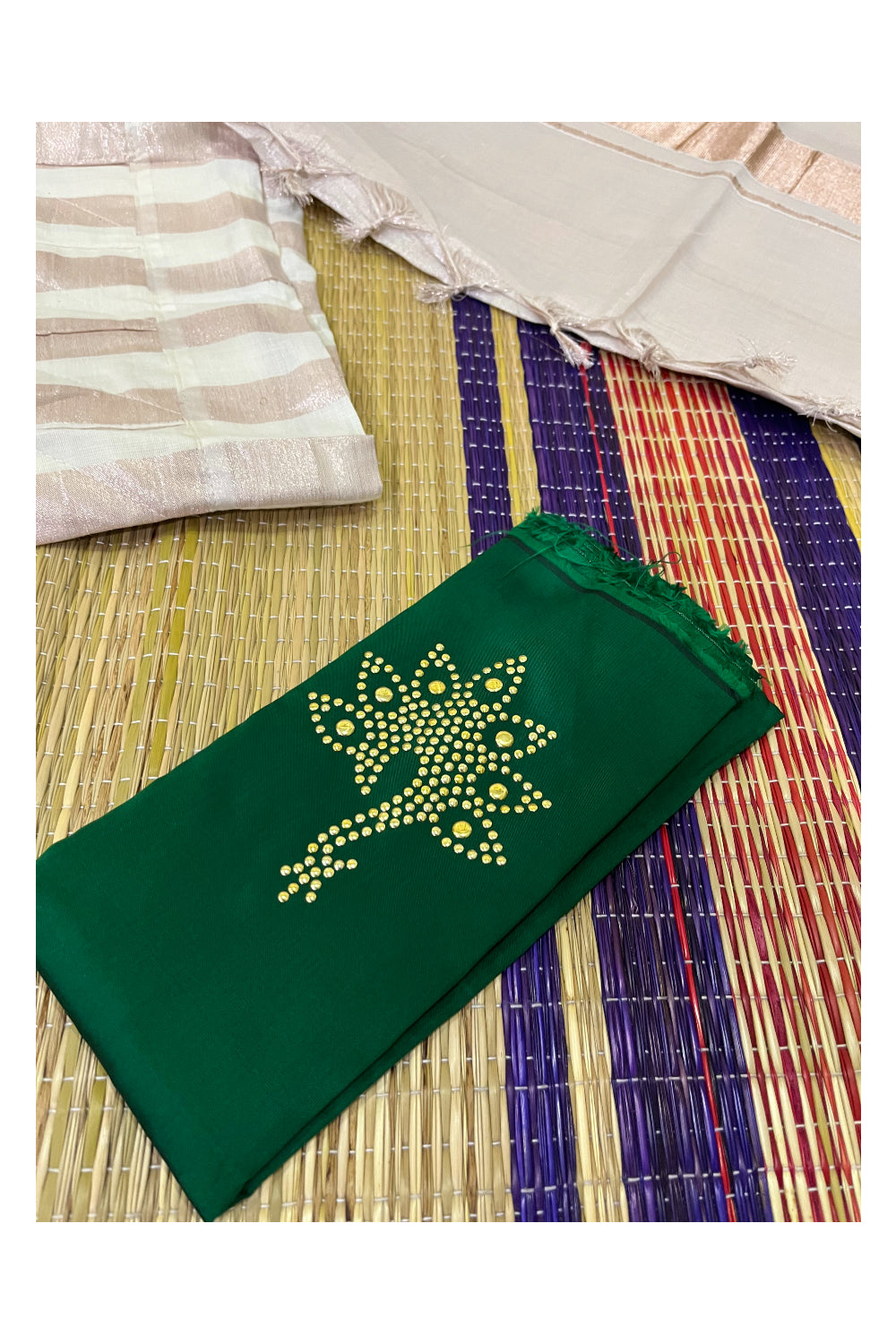 Semi Stitched Dhavani Set with Pink Kasavu Lines Cotton Pavada and Green Bead Work Blouse Piece