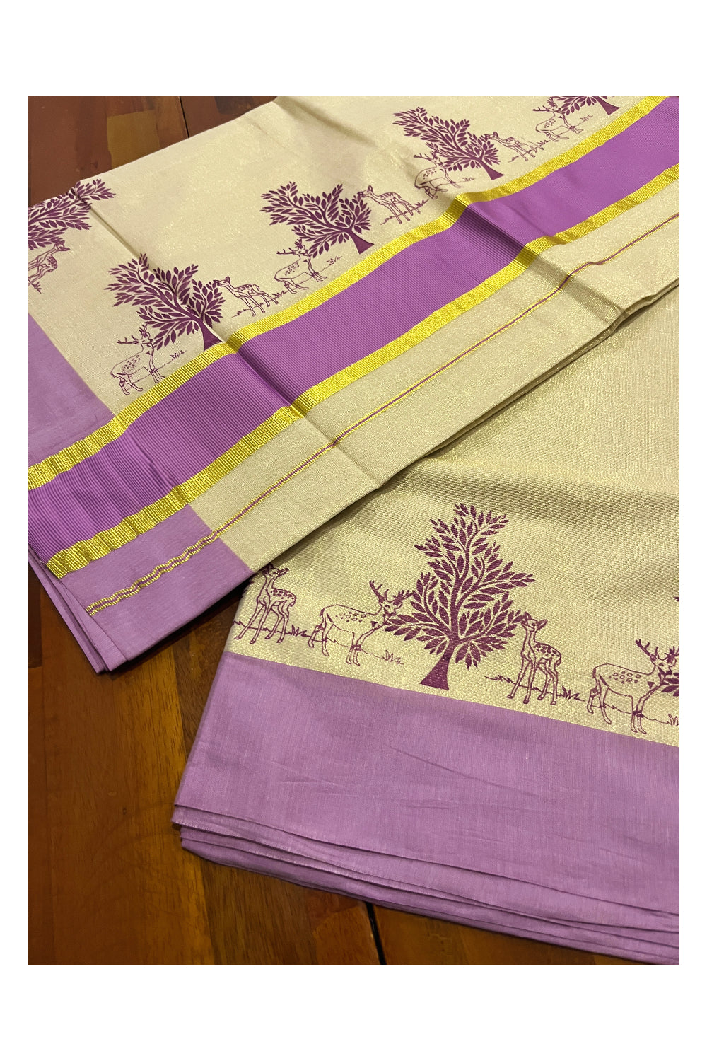 Kerala Tissue Kasavu Saree with Violet Block Prints