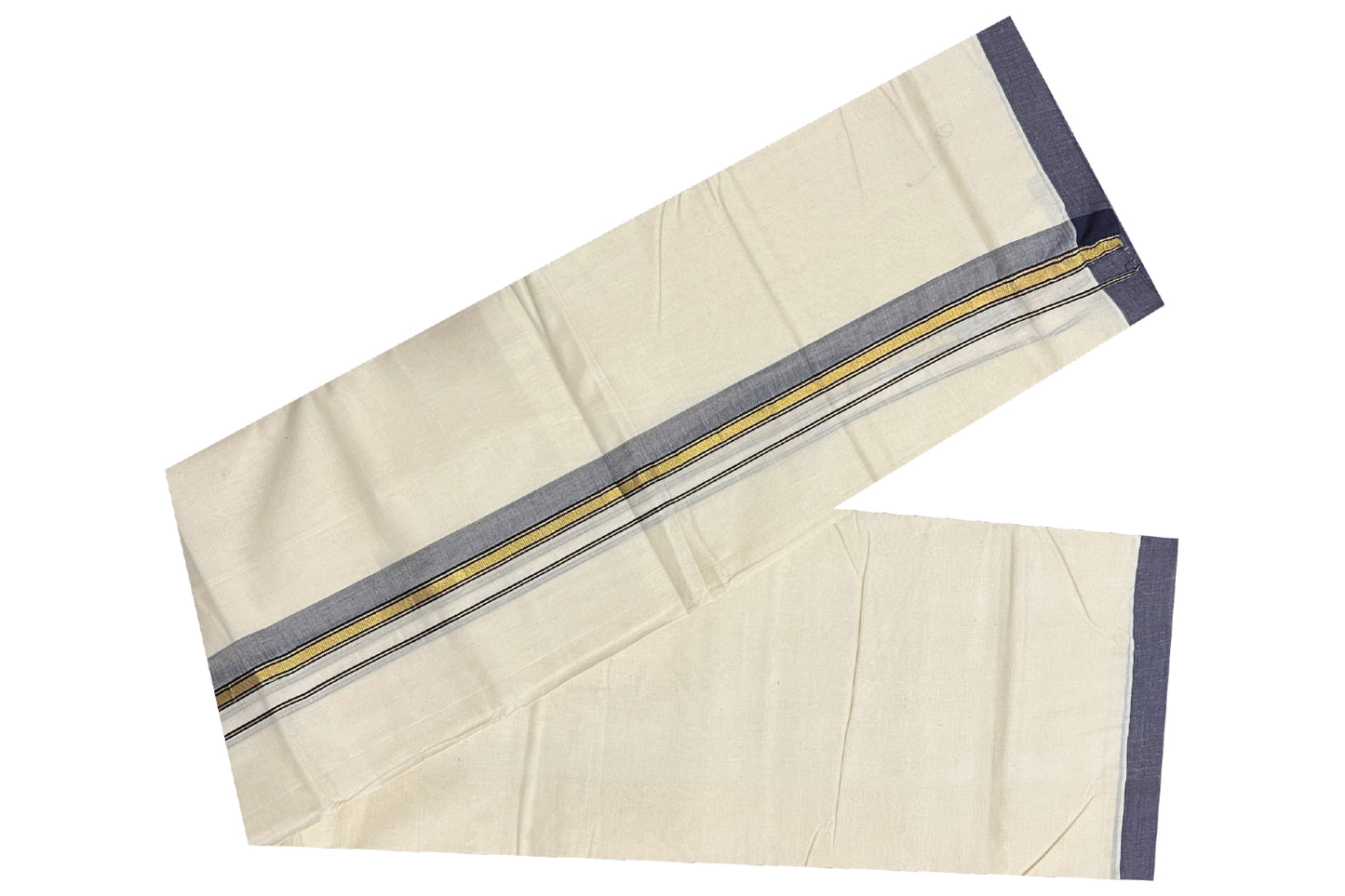 Off White Pure Cotton Double Mundu with Kasavu and Black Kara (South Indian Dhoti)