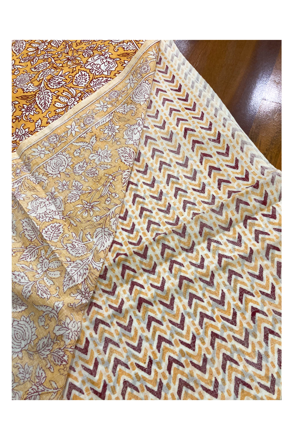 Southloom Floral Hand Block Printed Soft Cotton Jaipur Salwar Suit Material in Yellow Base Colour