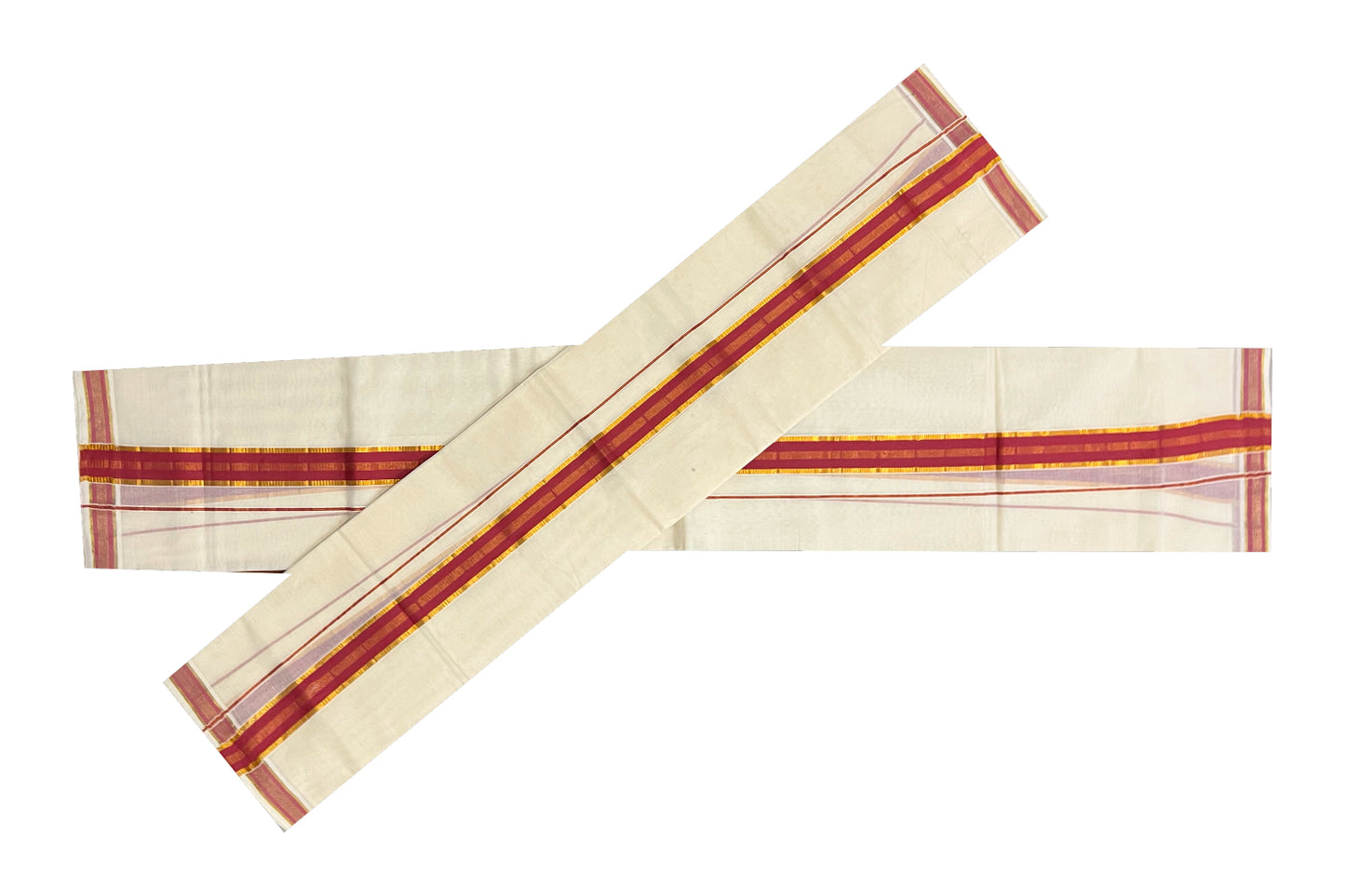 Kerala Cotton Mundum Neriyathum Single (Set Mundu) with Brick Red and Kasavu Border