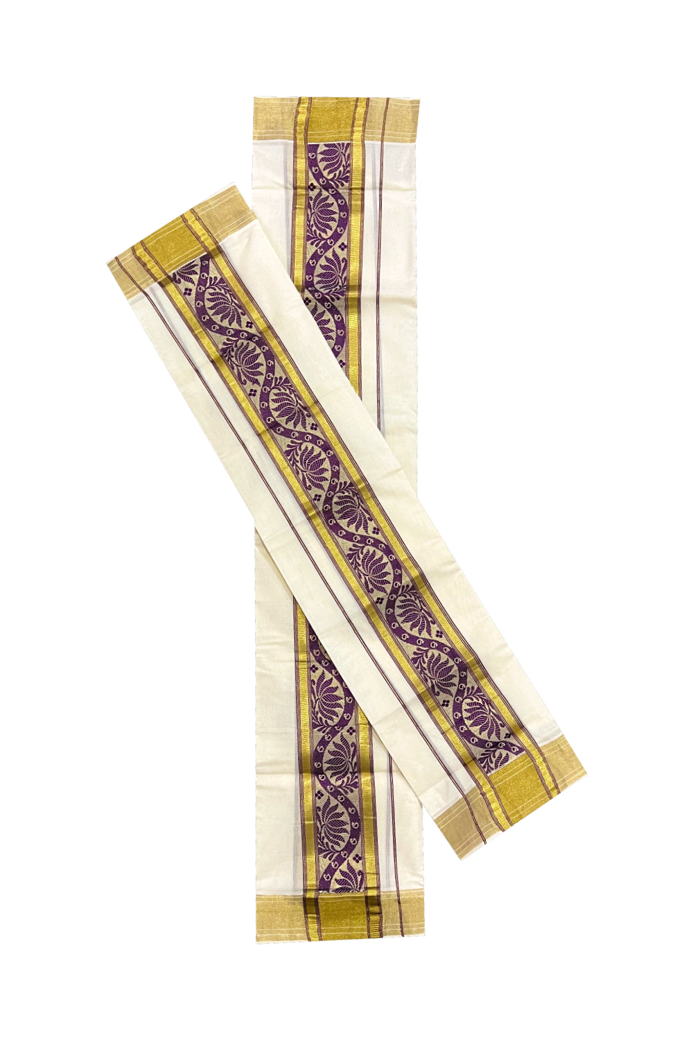 Kerala Cotton Kasavu Set Mundu (Mundum Neriyathum) with Purple Floral Woven Border 2.80 Mtrs