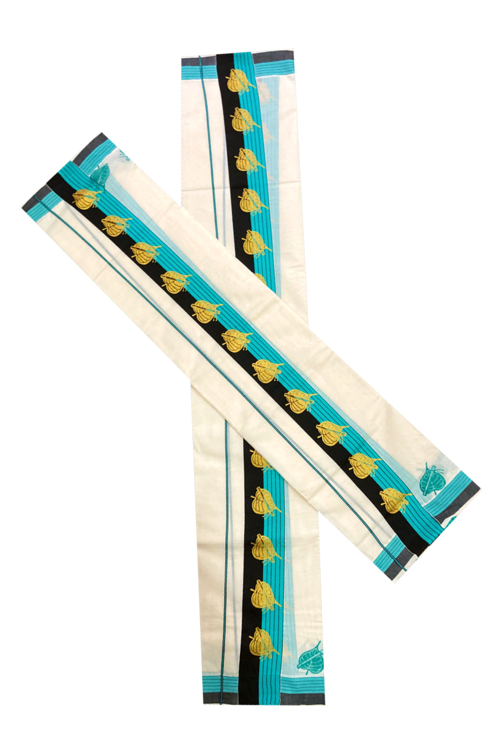 Cotton Set Mundu (Mundum Neriyathum) with Golden Block Prints on Turquoise and Black Border