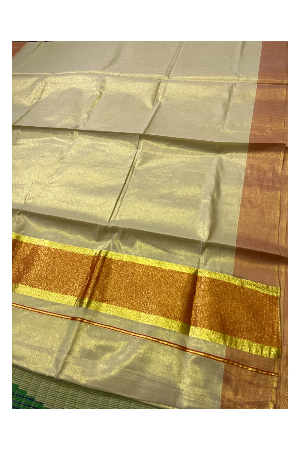 Kerala Tissue Kasavu Plain Saree with Orange and Kasavu Border