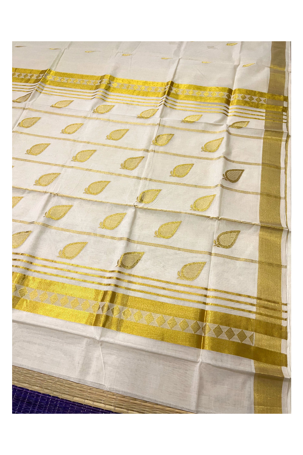 Southloom™ Premium Handloom Cotton Kasavu Leaf Design Heavy Woven Work Saree