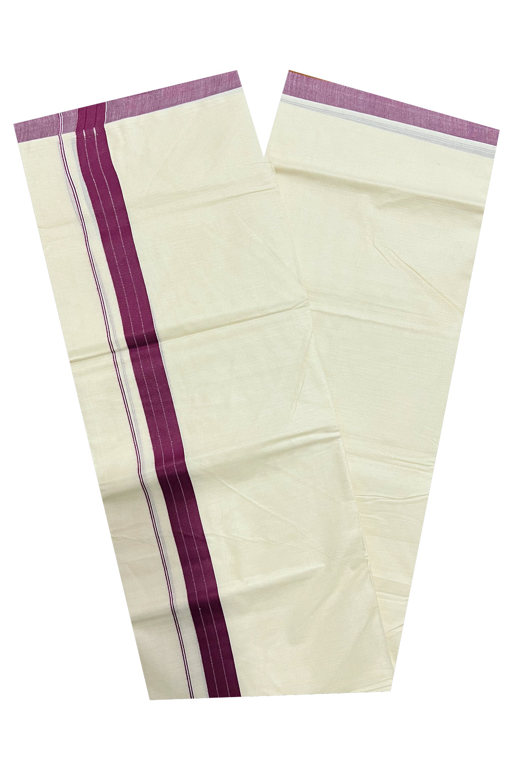 Pure Cotton Off White Double Mundu with Purple Border (South Indian Dhoti)