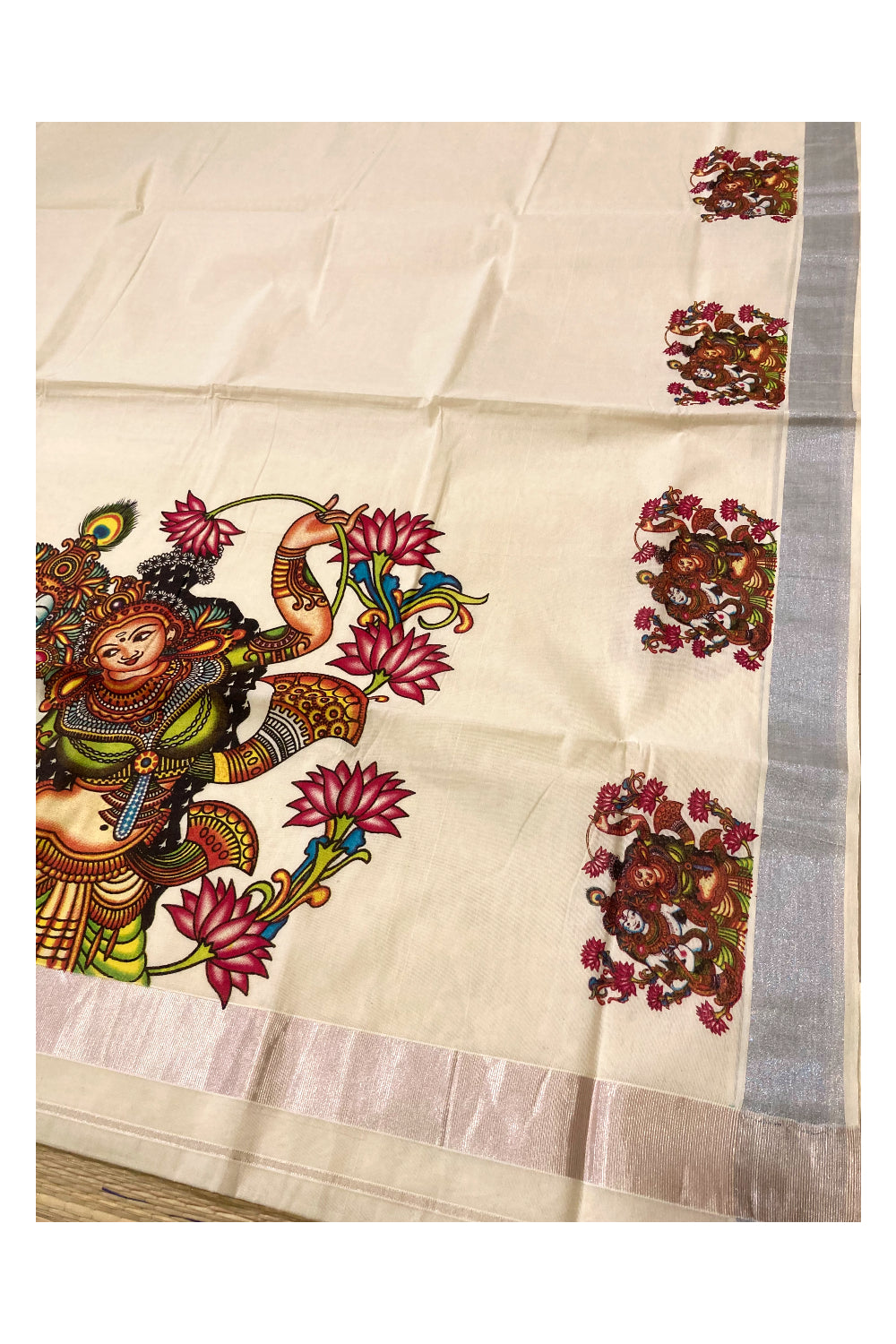 Pure Cotton Kerala Saree with Krishna Radha Mural Prints and Silver Border