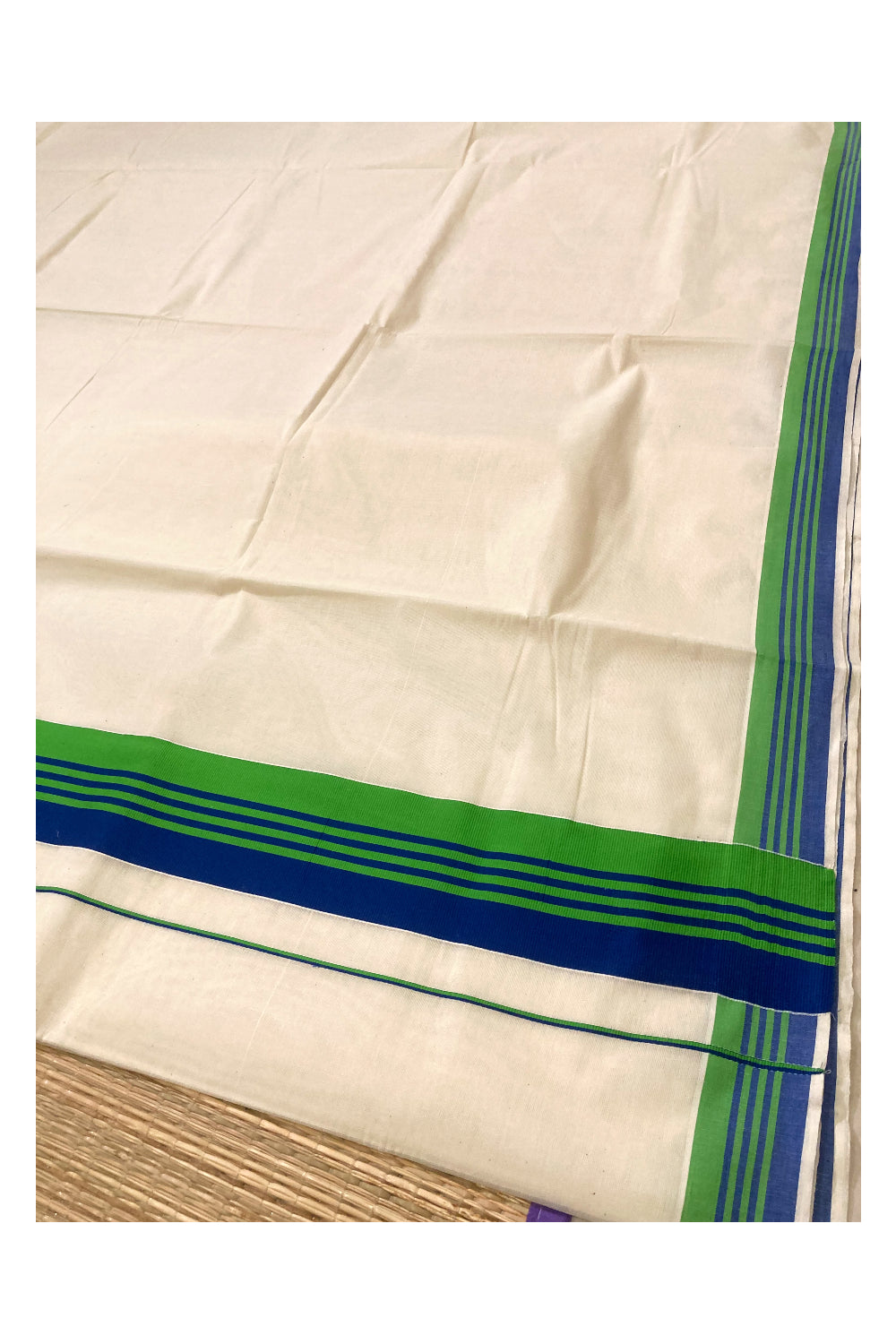 Pure Cotton Plain Kerala Saree with Blue and Green Border