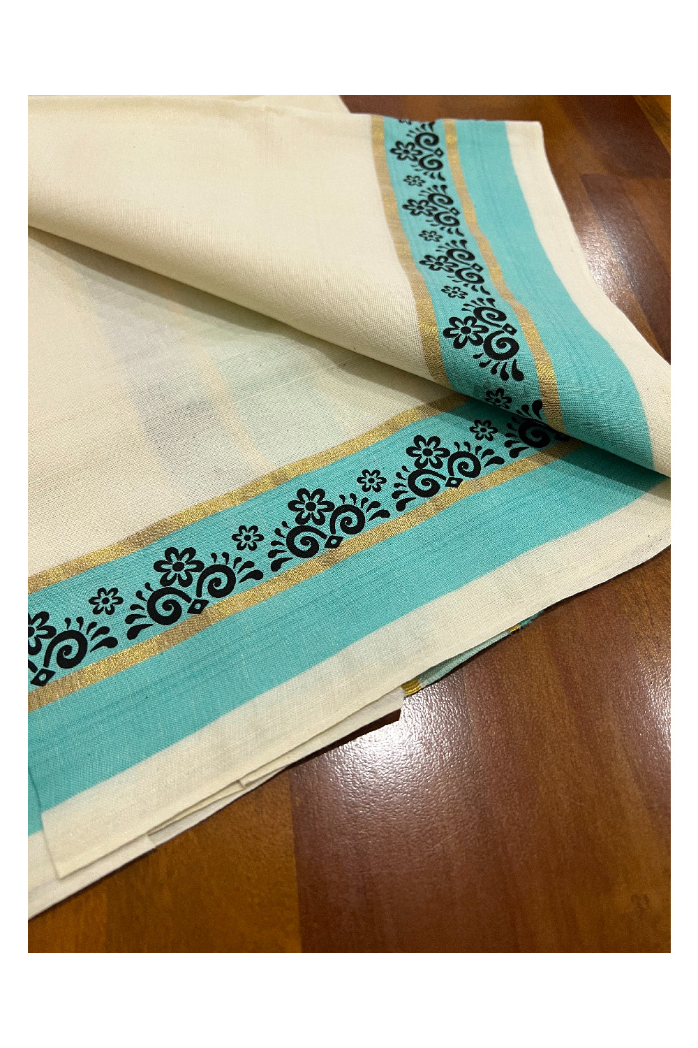 Southloom Onam 2022 Kasavu and Turquoise Kara Set Mundu with Hand Block Print