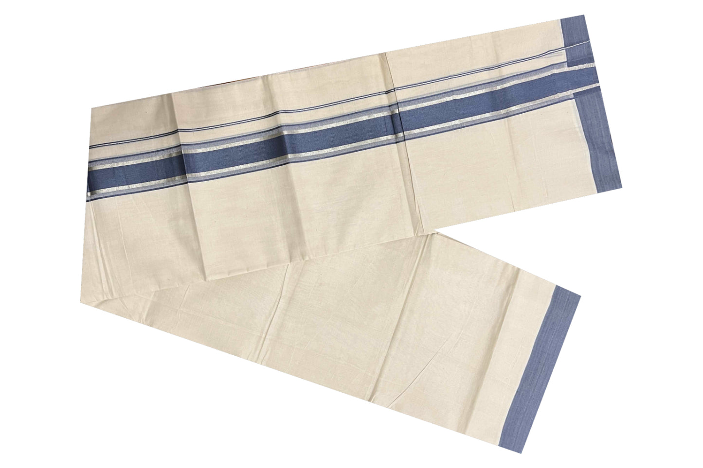 Off White Kerala Double Mundu with Silver Kasavu and Greyish Blue Border (South Indian Dhoti)