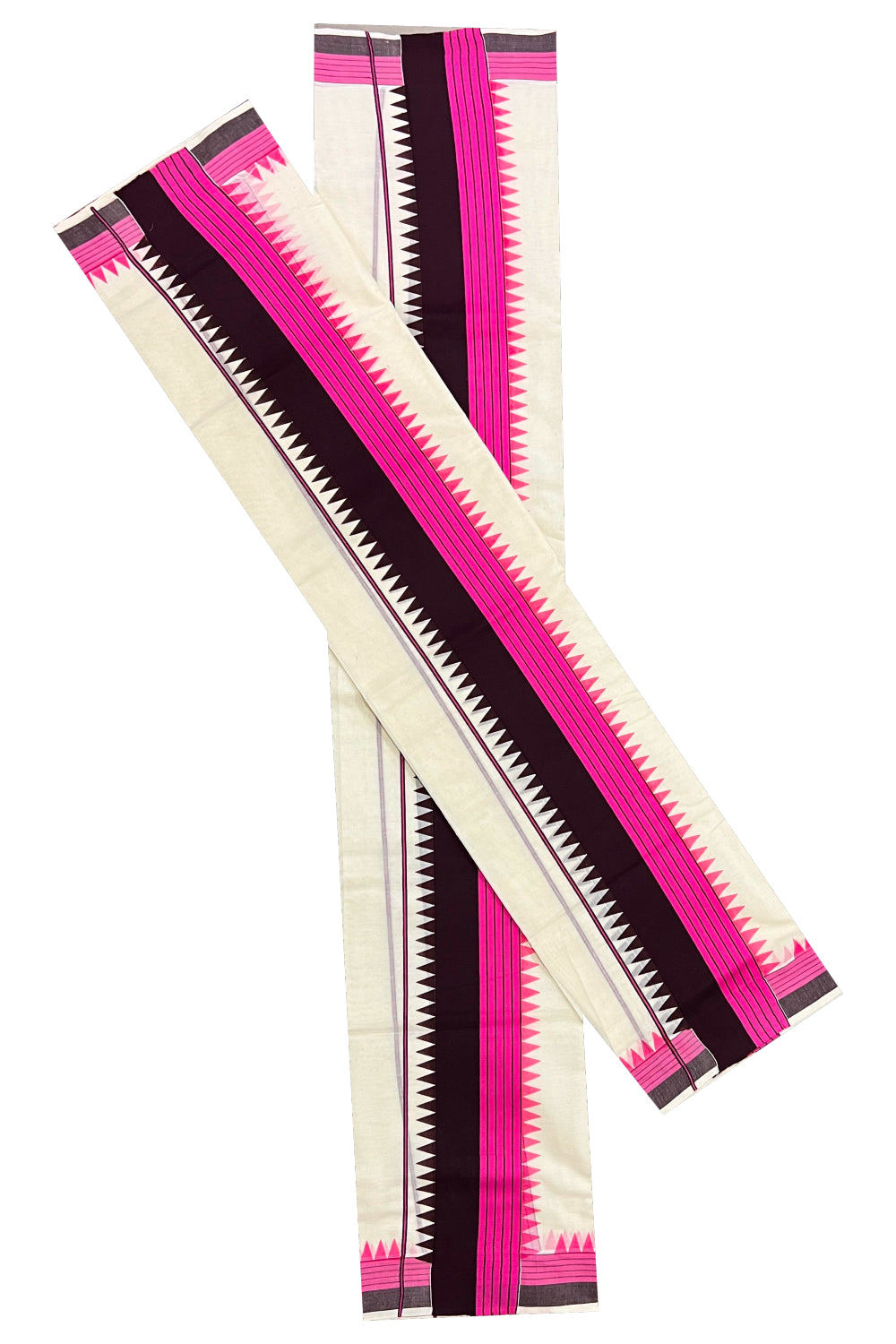 Pure Cotton Set Mundu (Mundum Neriyathum) with Pink and DarK Brown Temple Block Prints on Border