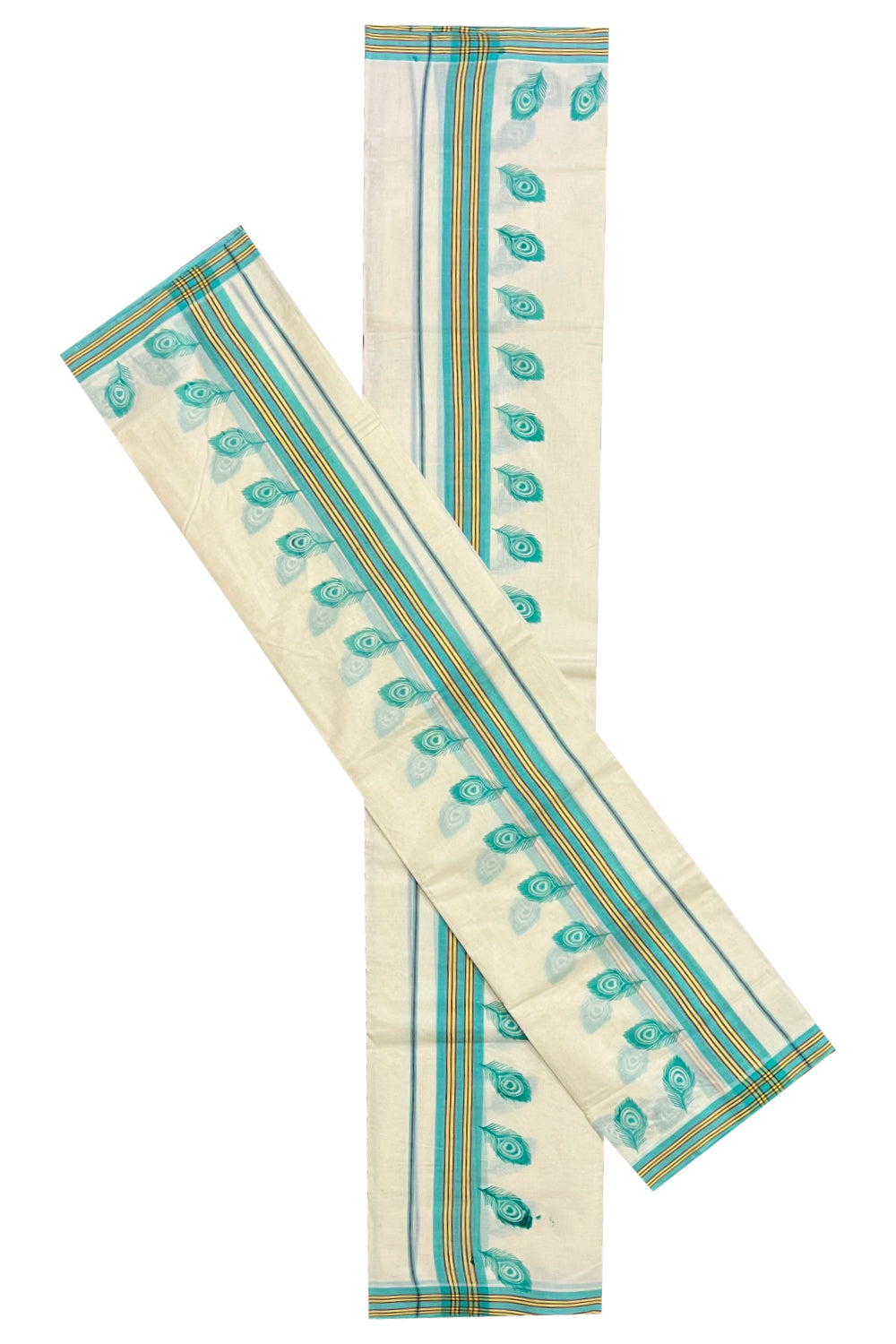 Pure Cotton Set Mundu (Mundum Neriyathum) with Turquoise Feather Block Prints on Yellow and Turquoise Border