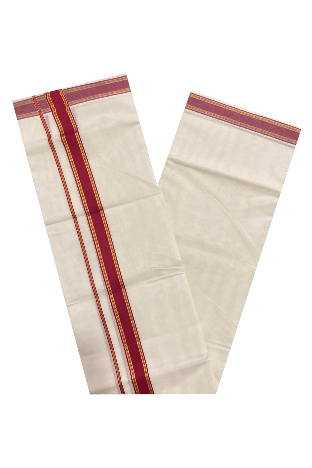 Off White Kerala Double Mundu with Kasavu and Dark Red Border (South Indian Dhoti)