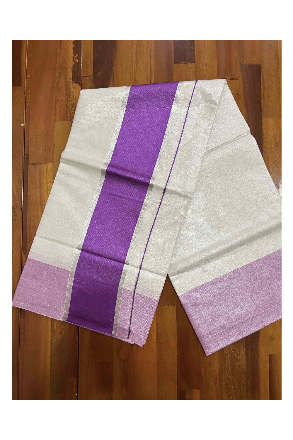 Kerala Kasavu Silver Tissue Saree with Magenta Kara and Border