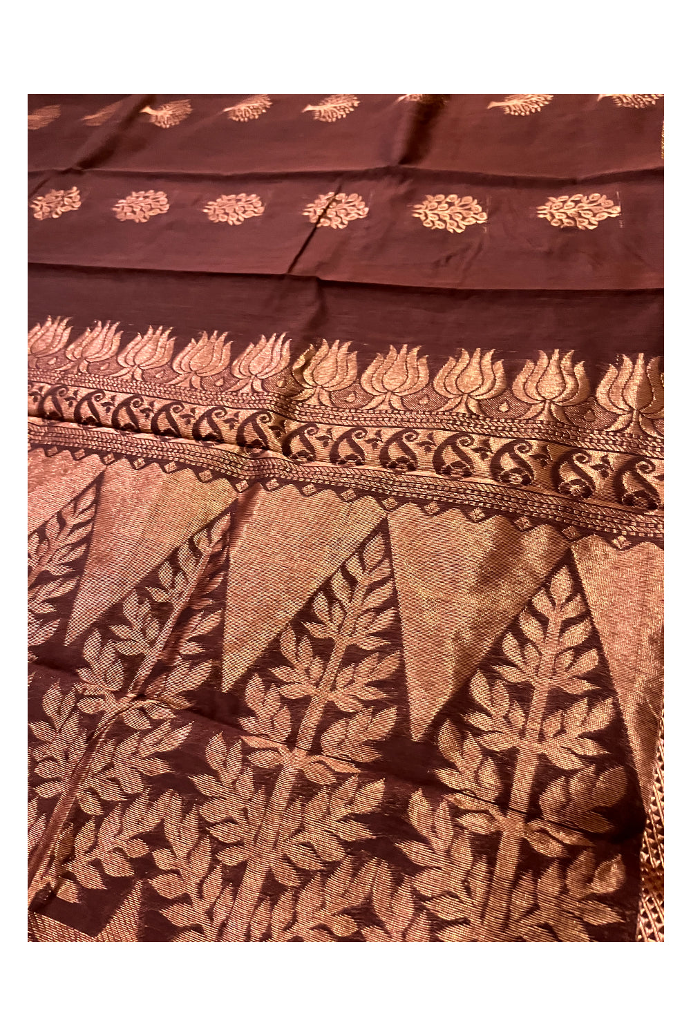 Southloom Cotton Silk Dark Brown Designer Saree with Copper Zari Motifs