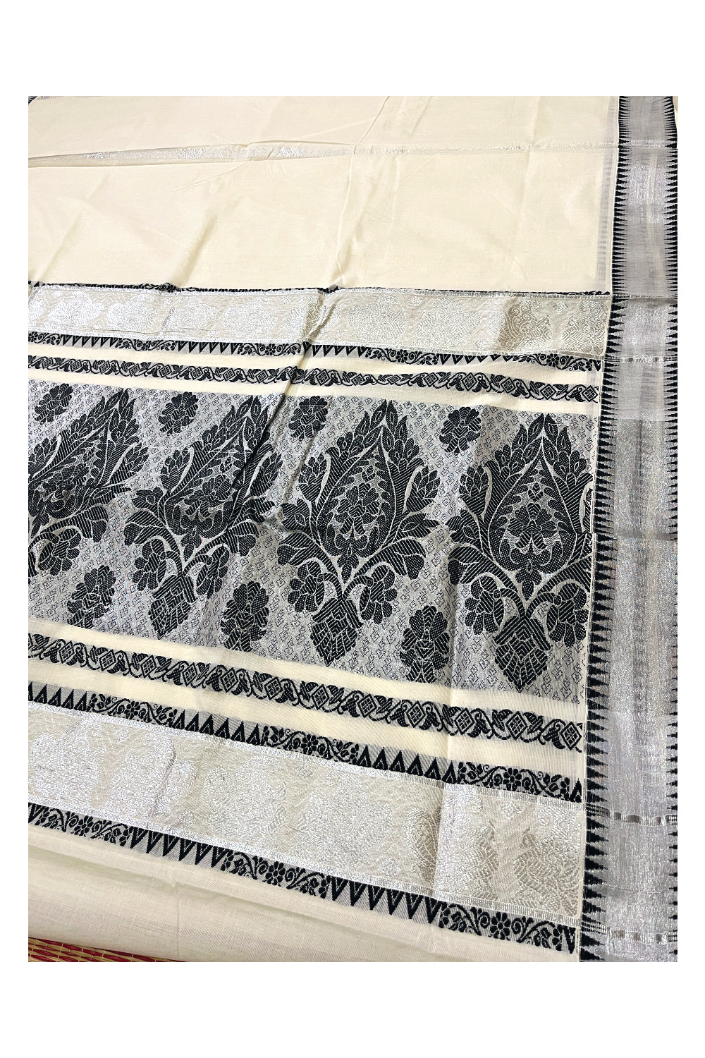 Kerala Silver Kasavu and Black Heavy Woven Work Cotton Saree with Temple Border (Vishu Saree 2023)