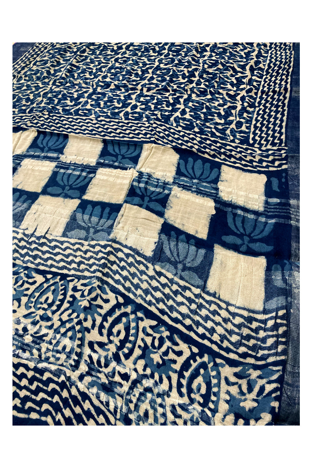 Southloom Linen Indigo Blue Saree with White Designer Prints and Tassels works on Pallu