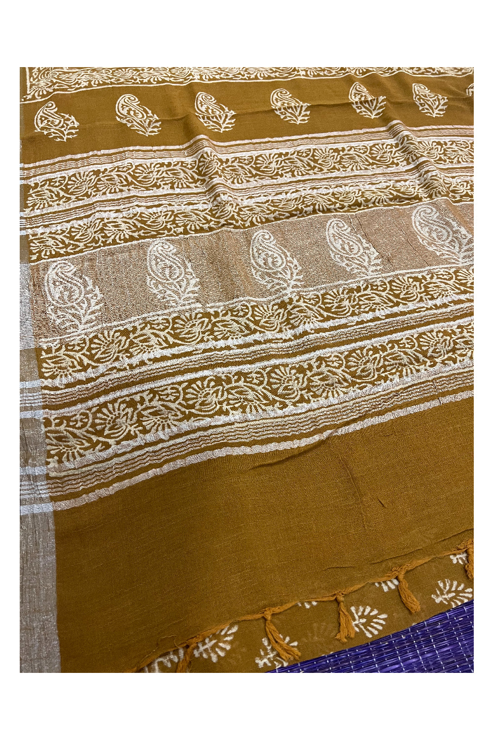 Southloom Linen Mustard Yellow Designer Saree with White Prints and Tassels on Pallu