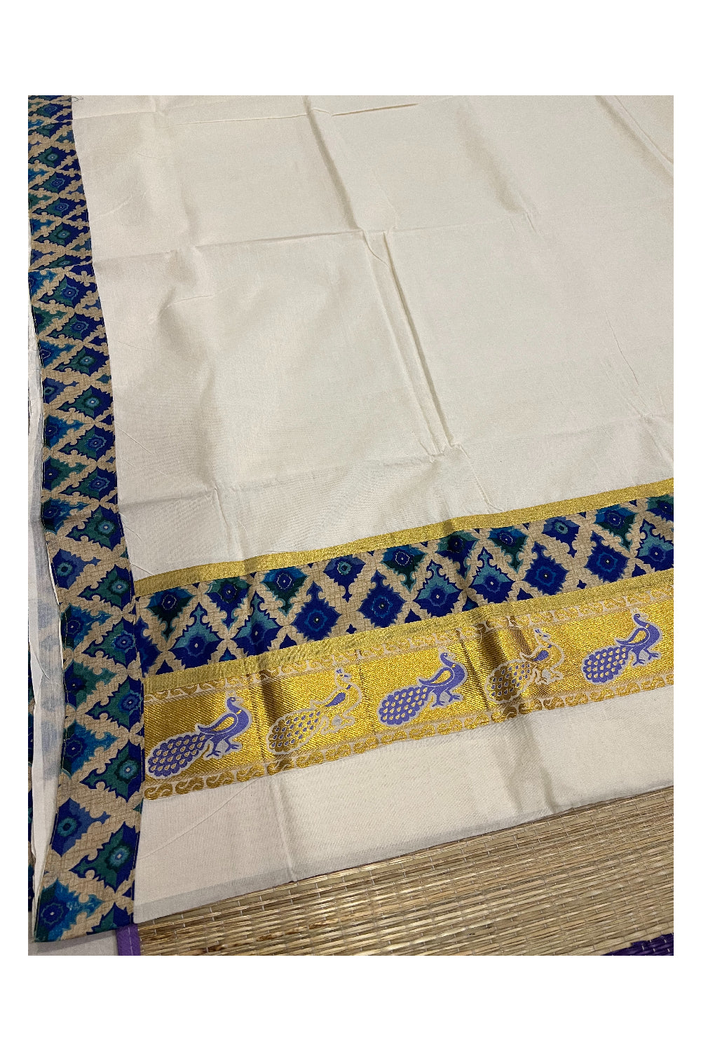 Kerala Pure Cotton Kalamkari Printed Kasavu Saree with Printed Blouse Piece