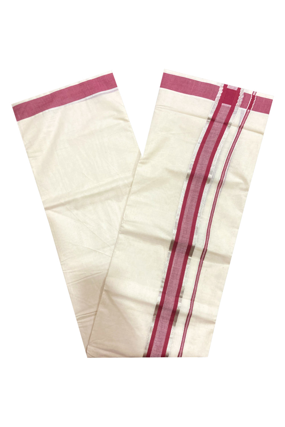 Pure Cotton Double Mundu with Maroon and Silver Kasavu Border (South Indian Dhoti)