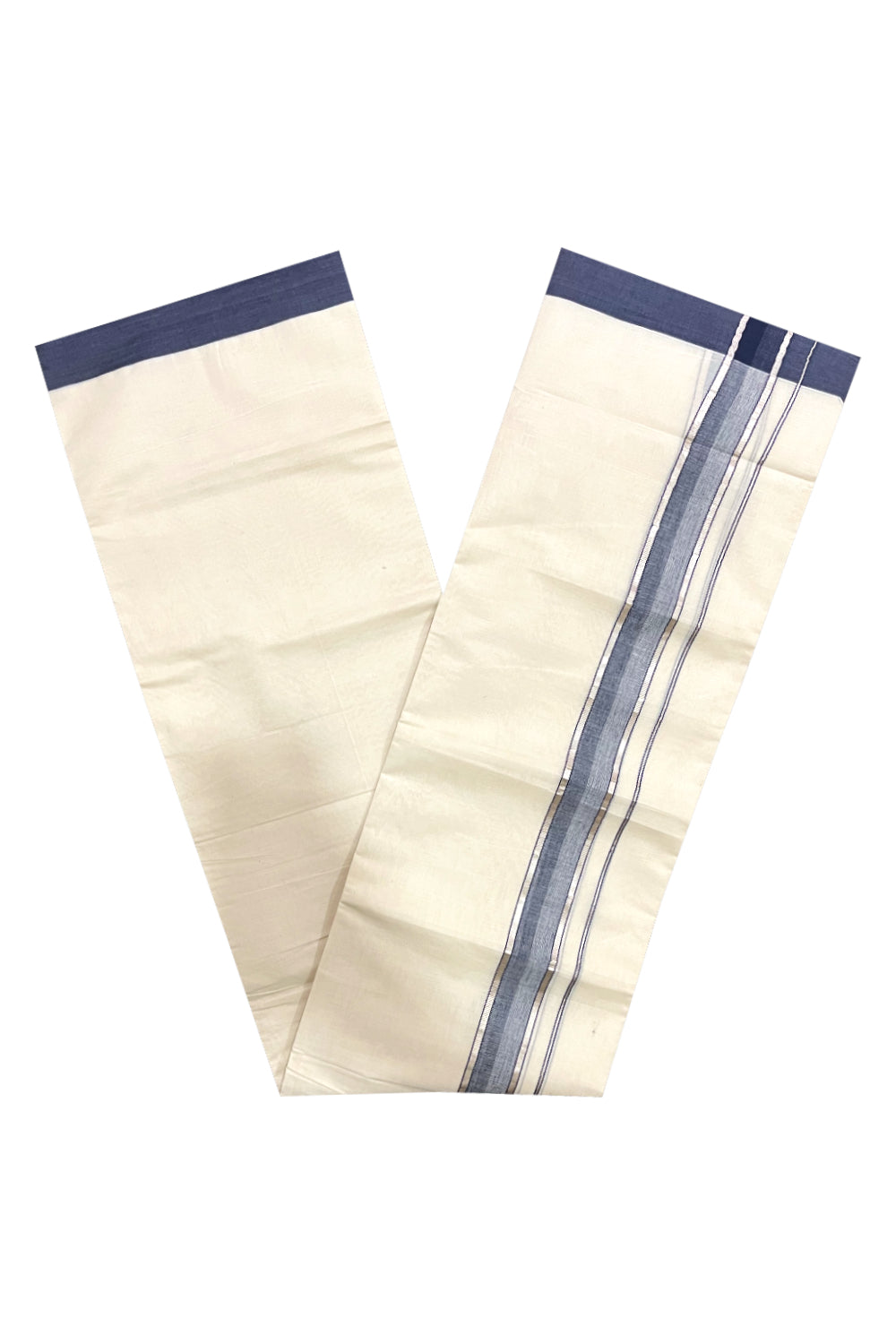 Pure Cotton Off White Double Mundu with Silver Kasavu and Blue Border (South Indian Dhoti)