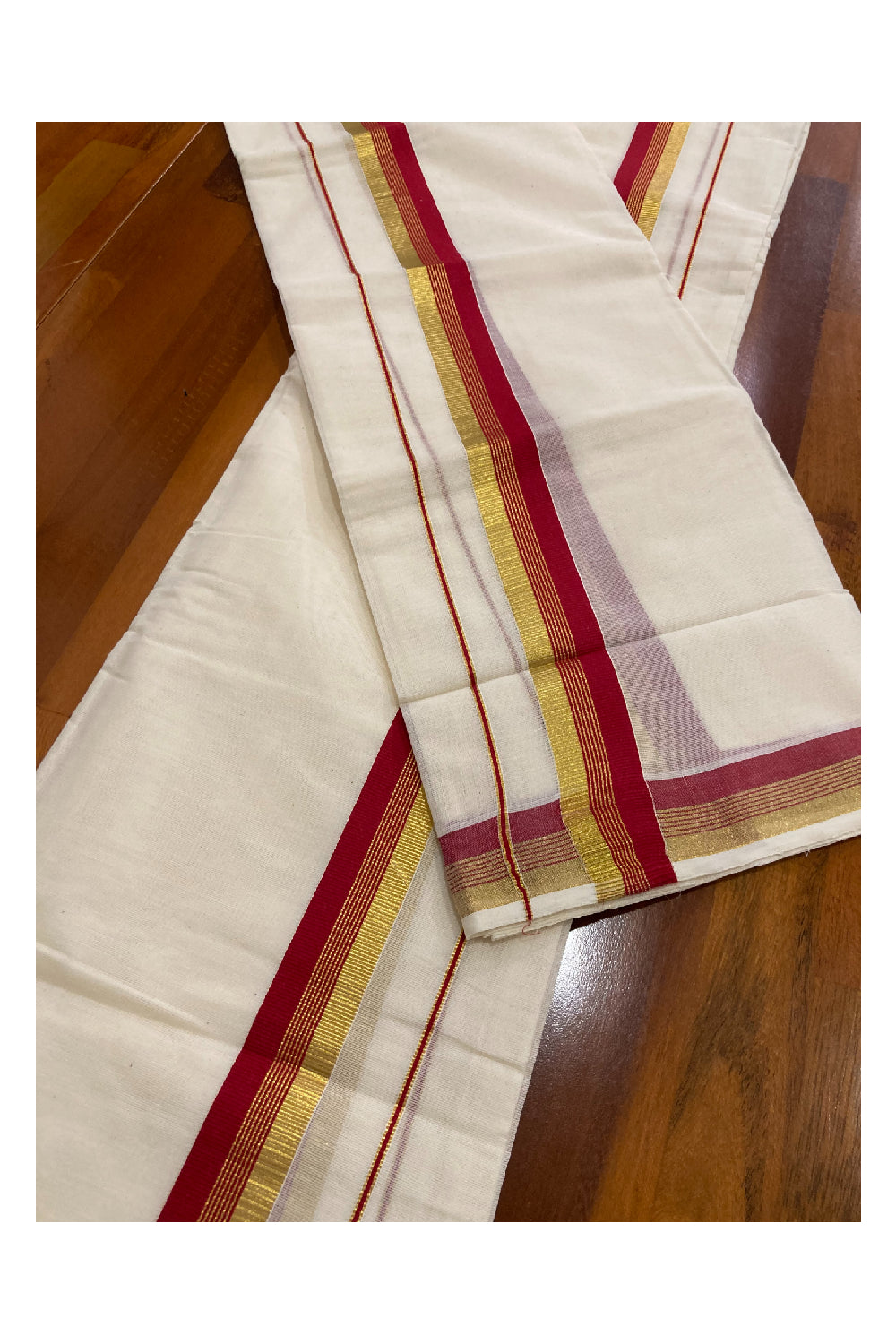 Kerala Cotton Mundum Neriyathum Double (Set Mundu) with Red and Kasavu Border