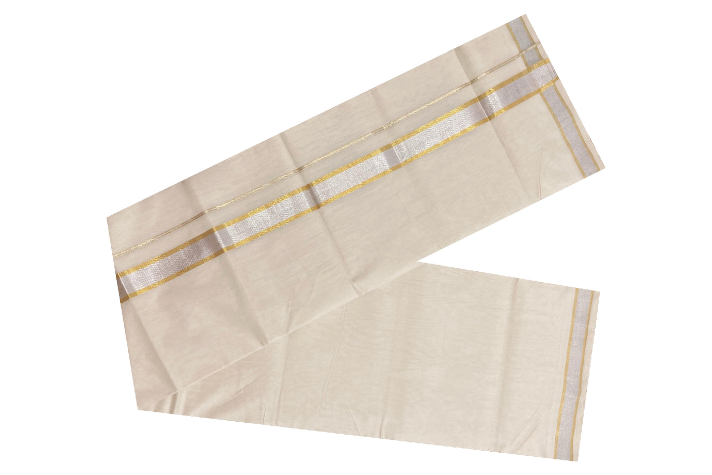 Southloom Balaramapuram Unakkupaavu Premium Wedding Handloom Mundu with Golden and Silver Kasavu Border