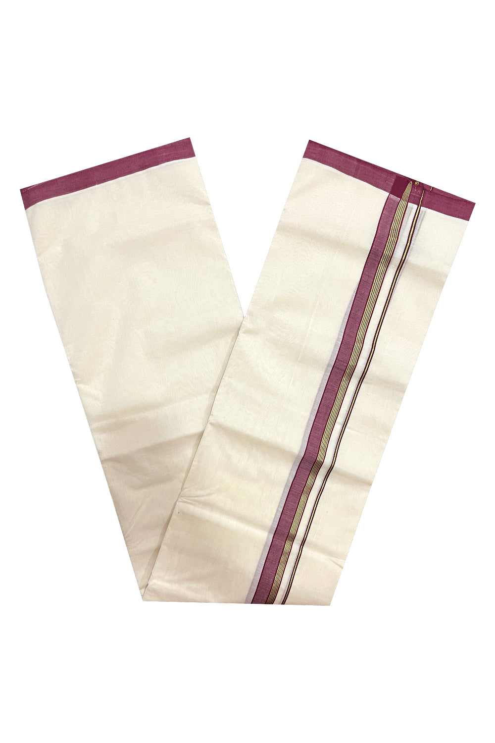 Southloom Premium Handloom Double Mundu with Maroon and Kasavu Border (South Indian Kerala Dhoti)