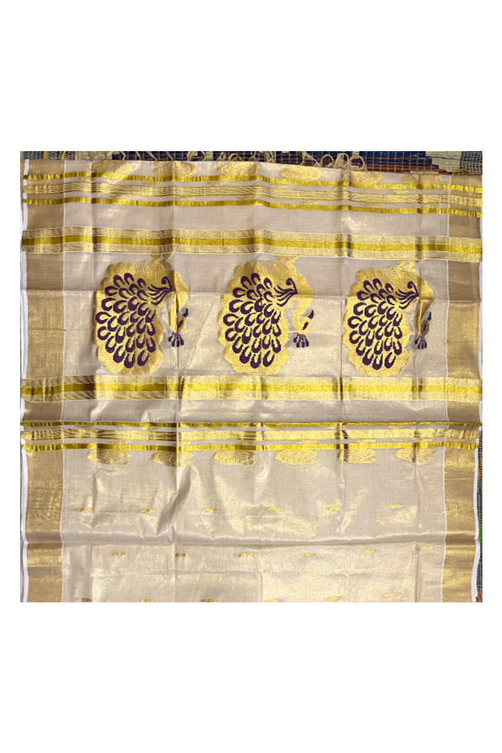 Kerala Tissue Kasavu Saree with Golden and Violet Heavy Woven Works (Onam Saree 2023)