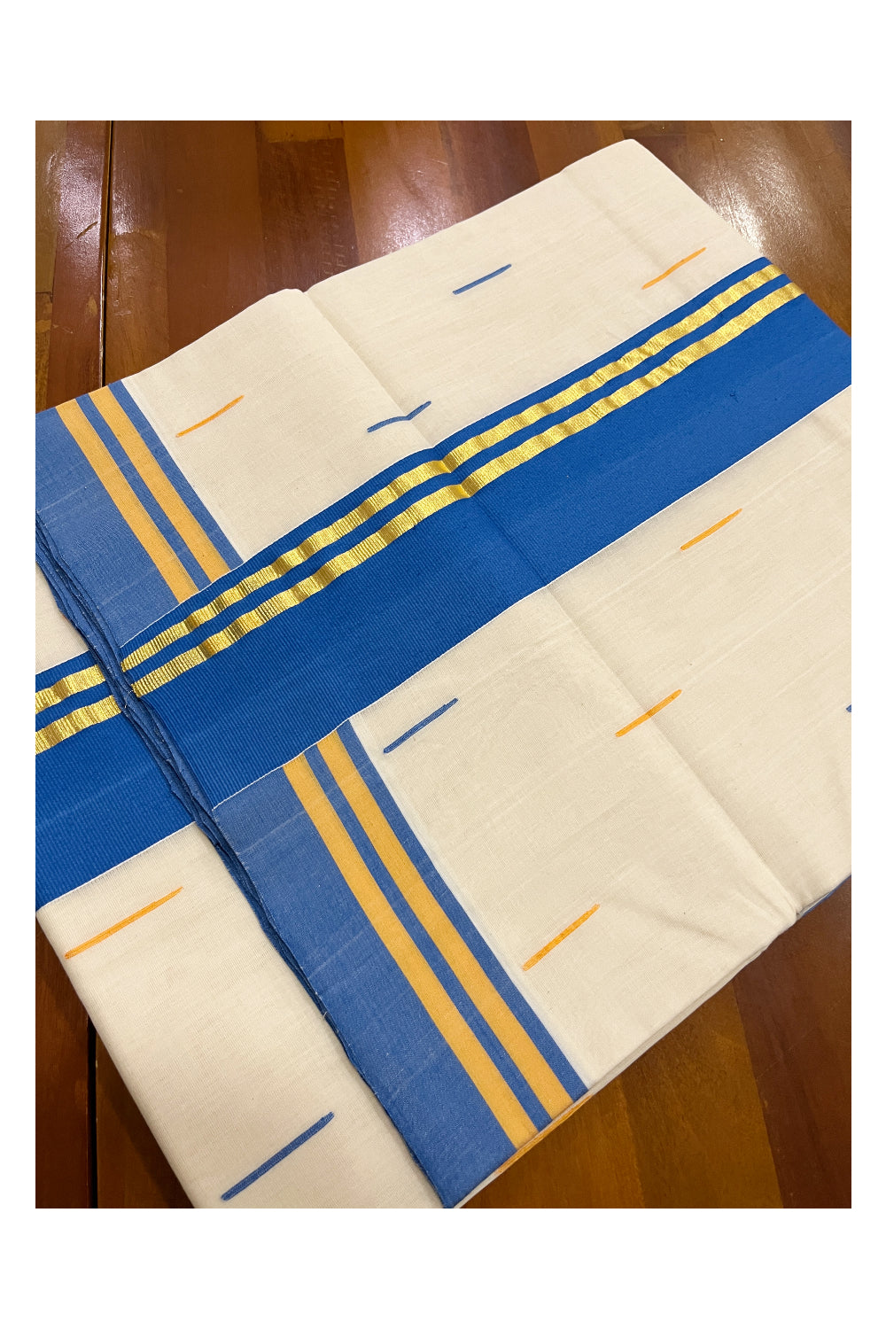 Southloom Balaramapuram Unakkupaavu Handloom Saree with Kasavu Blue Pallu and Butta Works on Body