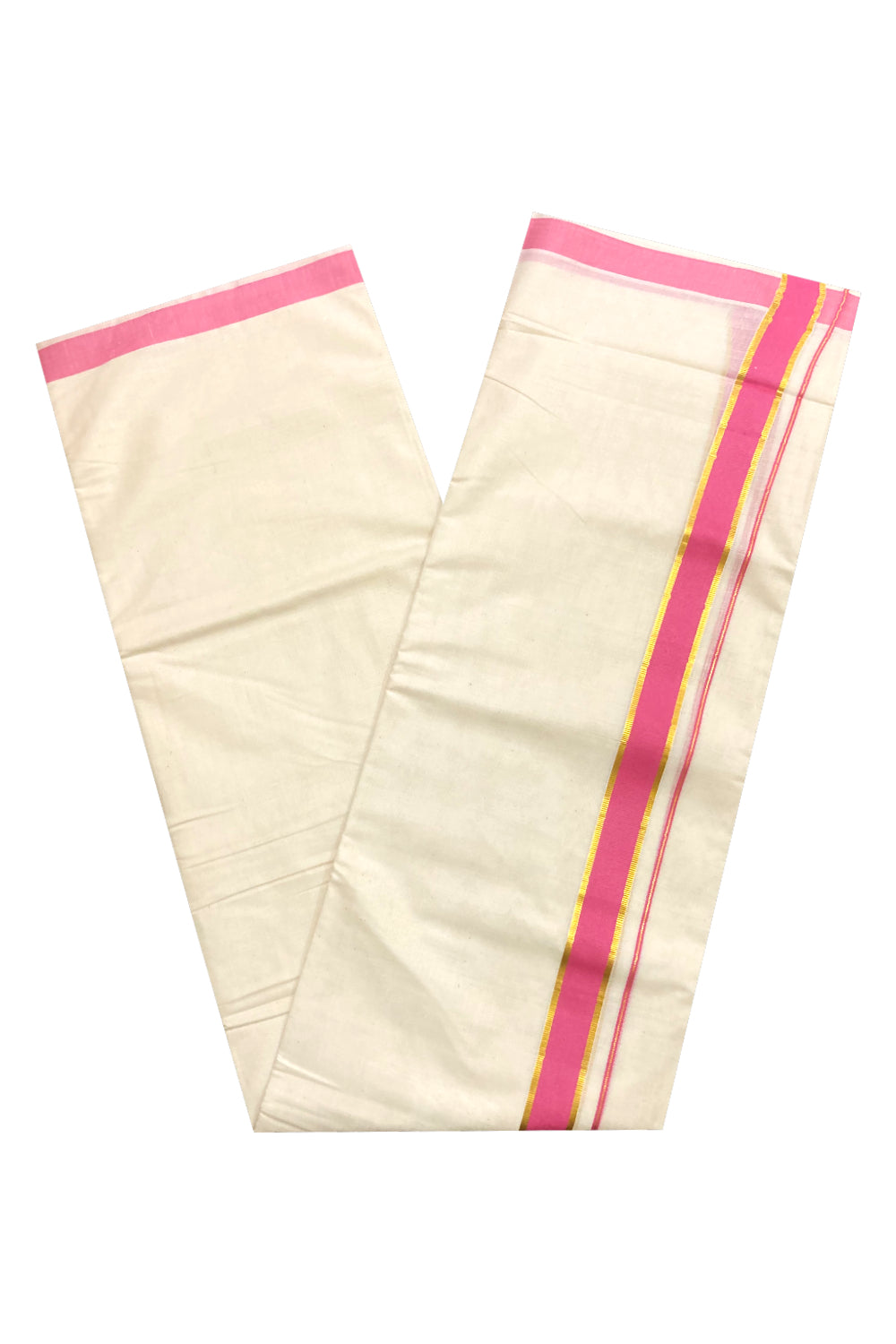 Off White Pure Cotton Double Mundu with Kasavu and Pink Border (South Indian Kerala Dhoti)