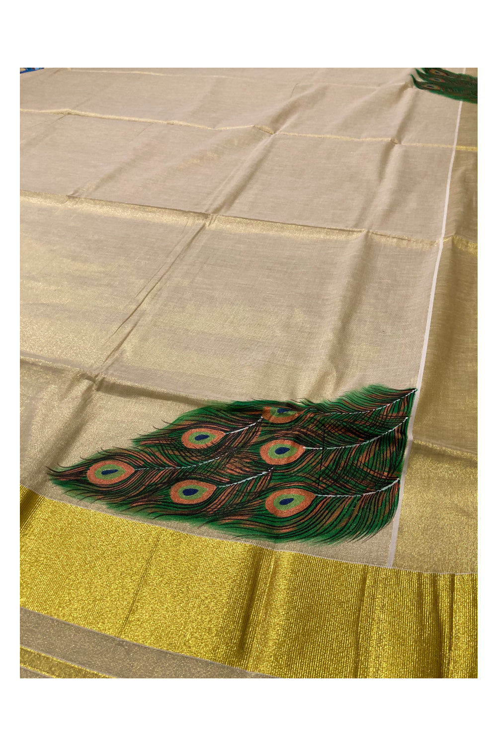 Kerala Tissue Kasavu Saree with Hand Painted Feather Design and Dark Green on Border