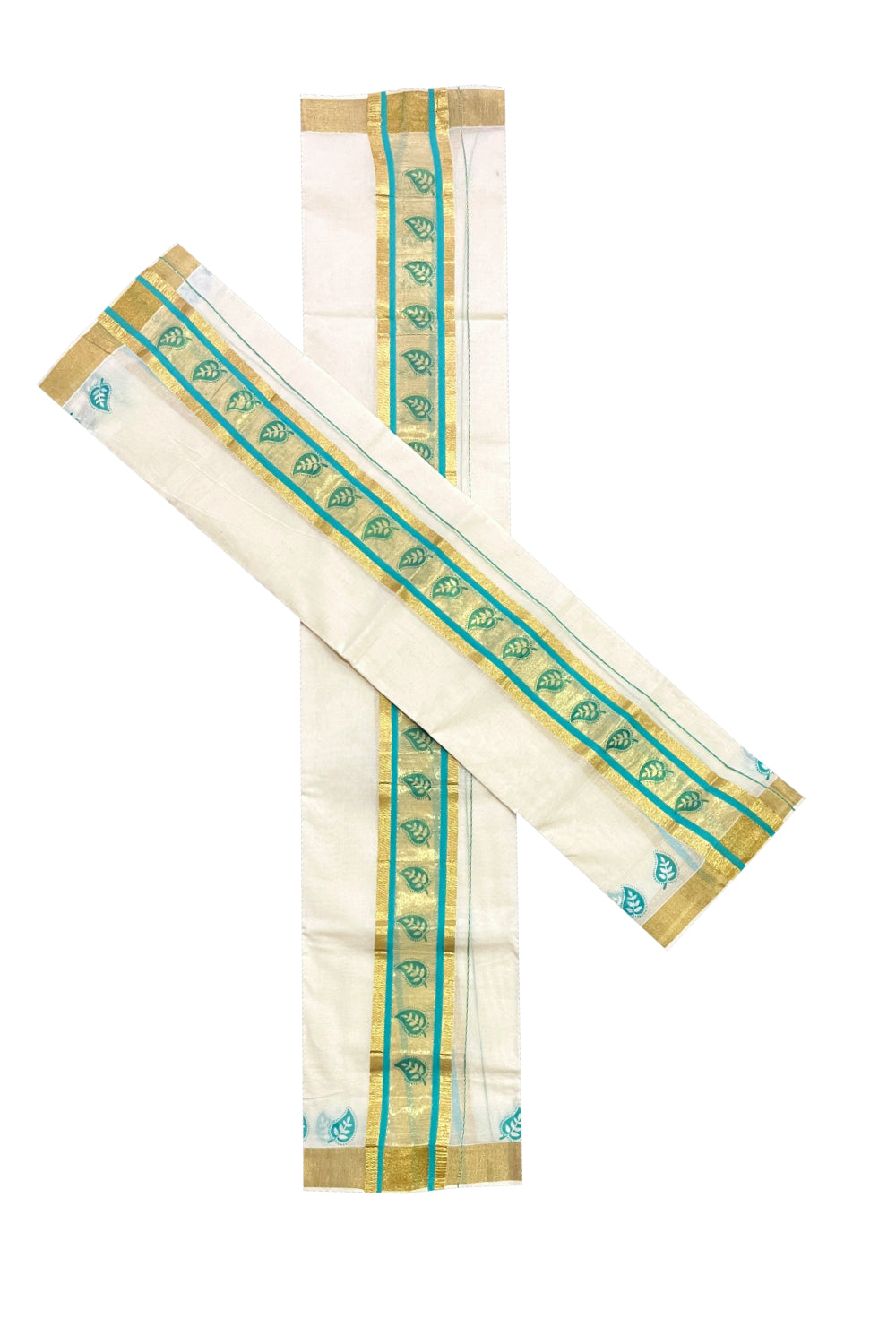 Pure Cotton Kasavu Single Set Mundu (Mundum Neriyathum) with Turquoise Block Printed Border