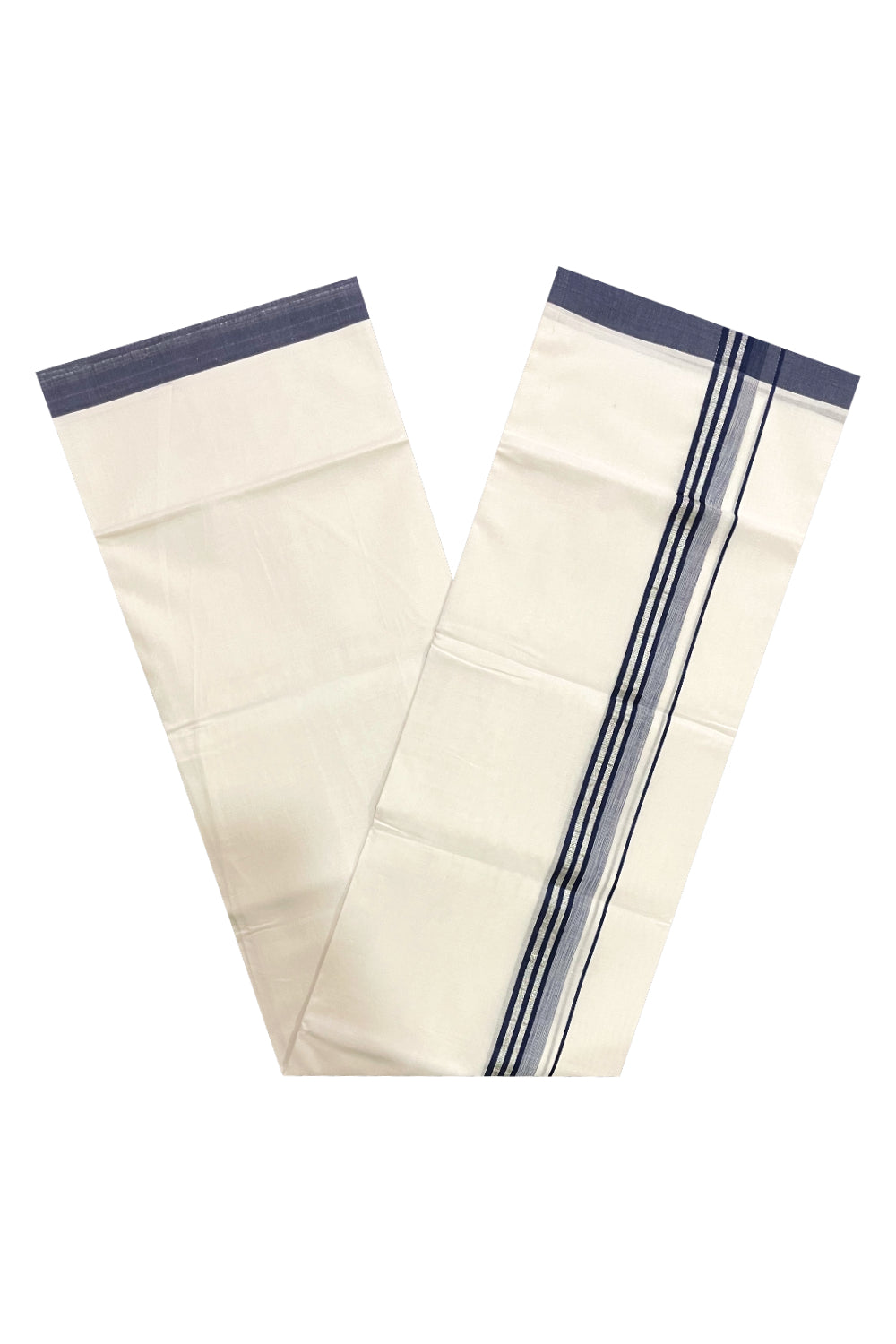 Pure White Cotton Double Mundu with Silver Kasavu and Navy Blue Border (South Indian Dhoti)