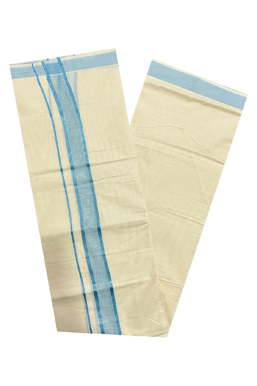 Pure Cotton Off White Double Mundu with Light Blue and Silver Kasavu Border (South Indian Dhoti)