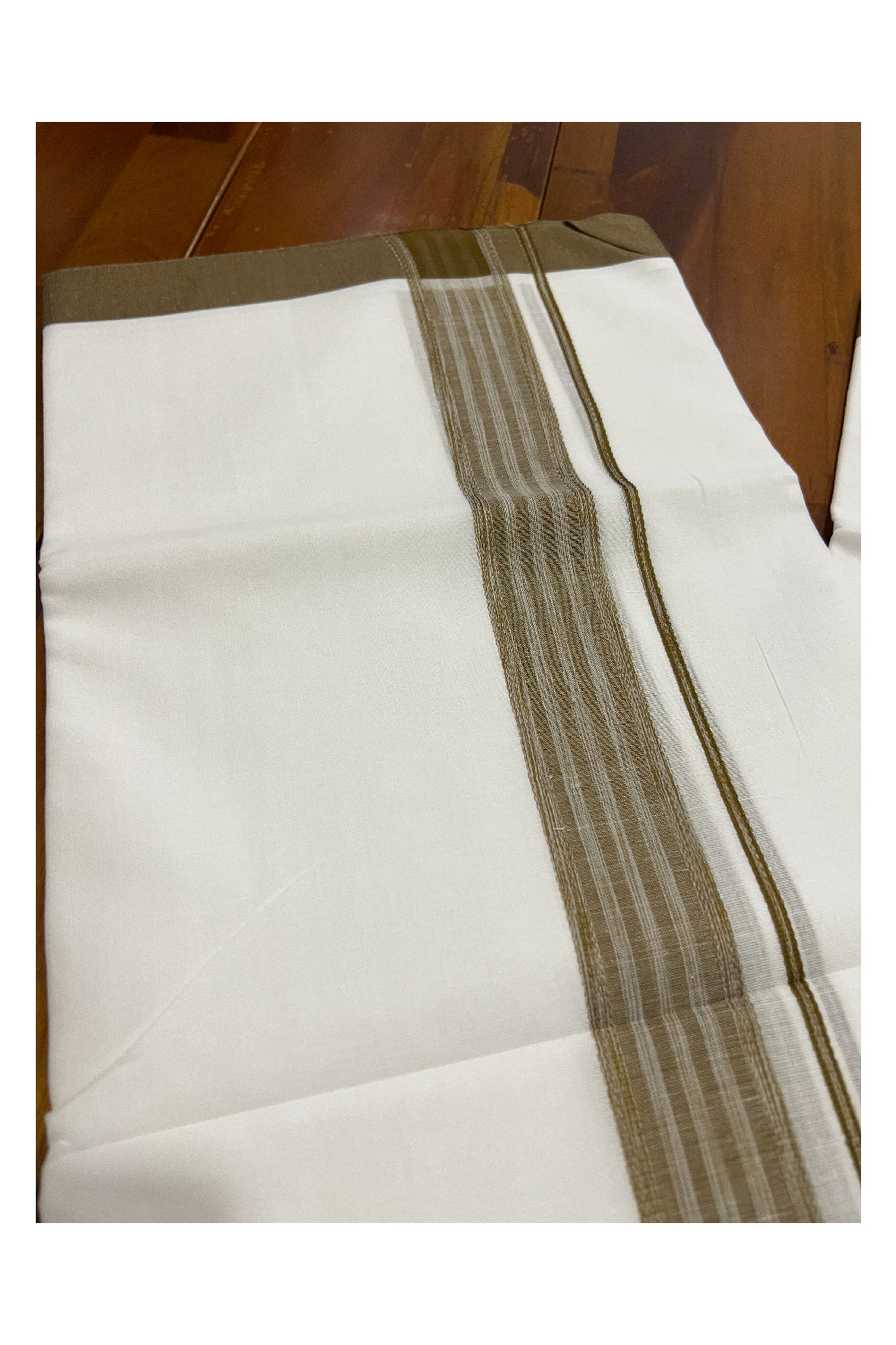 Pure White Kerala Cotton Double Mundu with Brown Border (South Indian Dhoti)