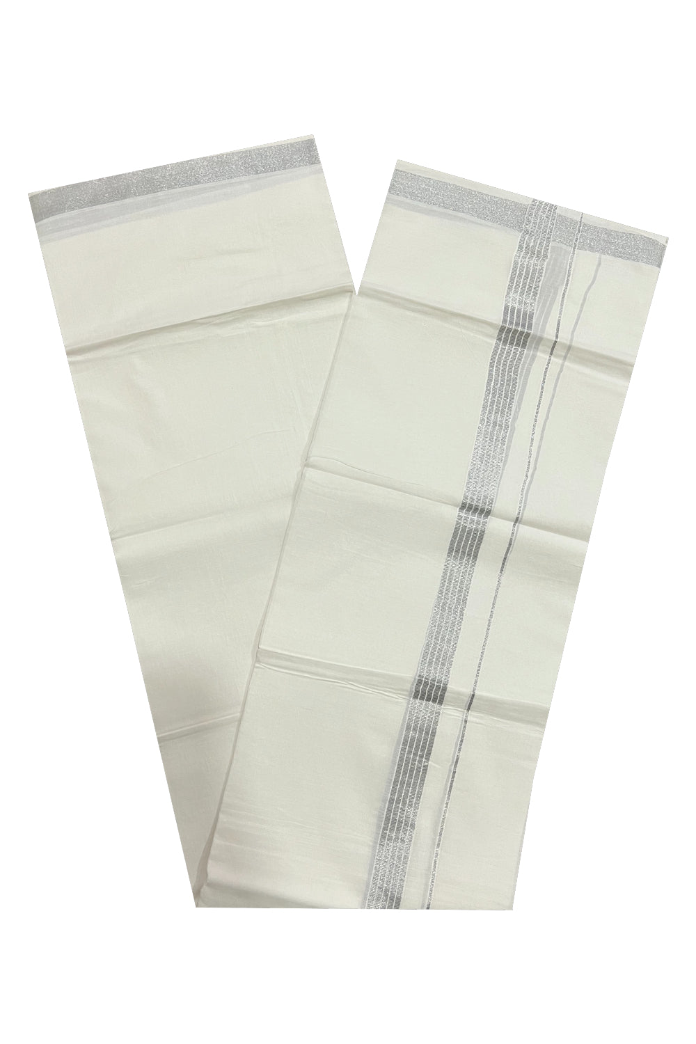 Pure White Cotton Double Mundu with Silver Kasavu Line Border (South Indian Dhoti)