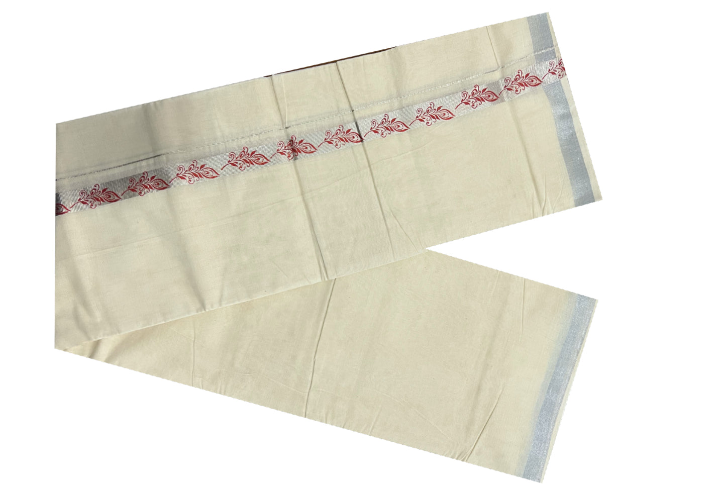 Off White Cotton Mundu with Mural Prints on Silver Kasavu Kara (South Indian Dhoti)